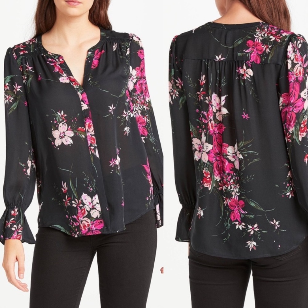 NWT Joie Keno Split-Neck Floral-Print Silk Top size Large